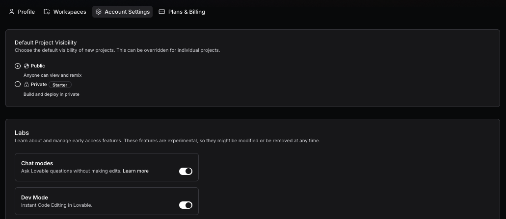 experimental features in Lovable